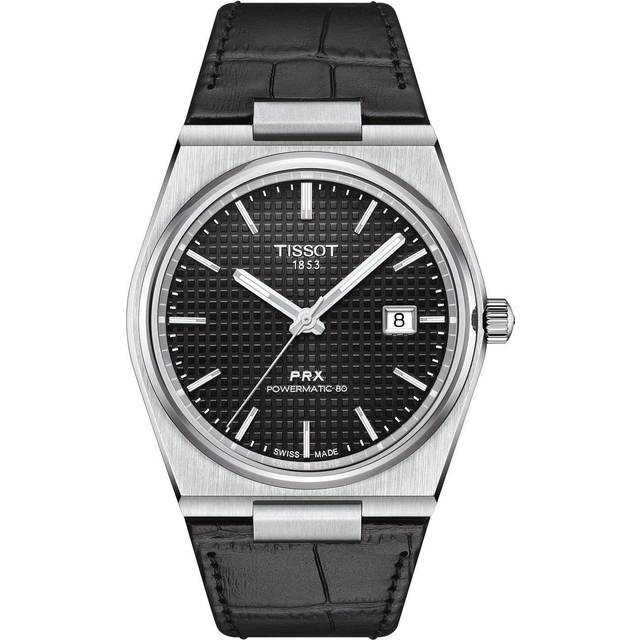 Tissot PRX automatisk herrklocka svart läderrem T137.407.16.051.00 stål, armband