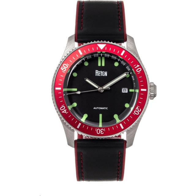 Elijah Automatic Rubber Inlaid Leather-Band Watch with Date - Red - One Size