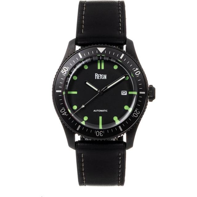 Elijah Automatic Rubber Inlaid Leather-Band Watch with Date - Black - One Size