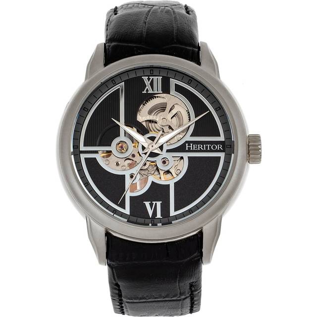 Heritor Automatic Mens Sanford Semi-Skeleton Leather-Band Watch - Black & Silver Stainless Steel - One Size