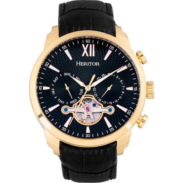 Heritor Automatic Mens Arthur Semi-Skeleton Leather-Band Watch w/ Day/Date - Black/Gold Stainless Steel - One Size