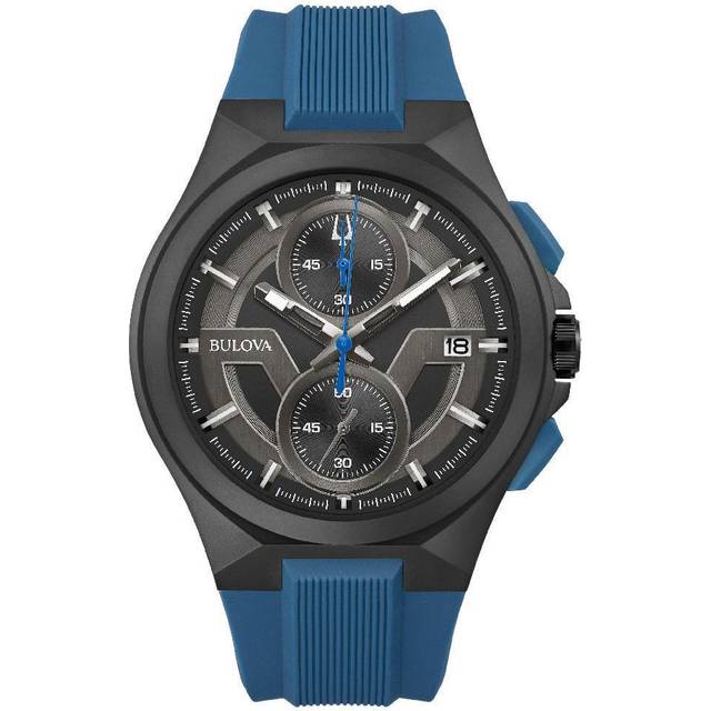 Bulova Maquina Chronograph Black Dial Blue Strap Quartz 98B380 100M Men's Watch