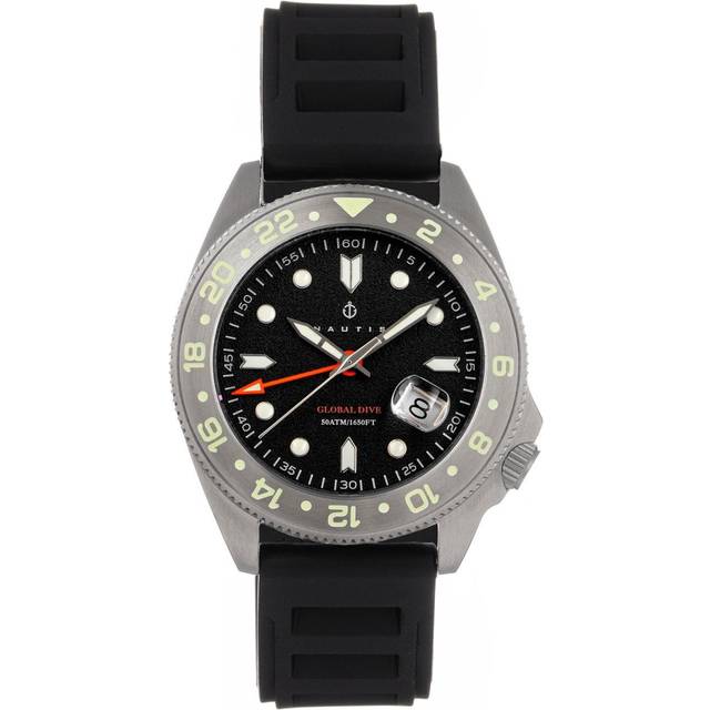Nautis Mens Global Dive Rubber-Strap Watch w/Date - Black Stainless Steel - One Size