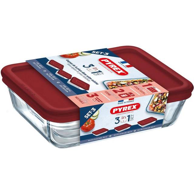 Pyrex Cook & Freeze 3 Piece Set Red Lid 0.8L & 1.5L & 2.6L