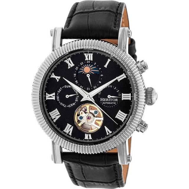 Heritor Automatic Mens Winston Semi-Skeleton Leather-Band Watch - Black & Silver Stainless Steel - One Size
