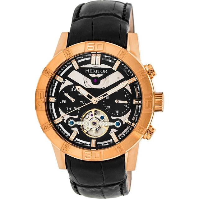 Heritor Automatic Mens Argento Leather-Band Watch - Black & Rose Gold - One Size