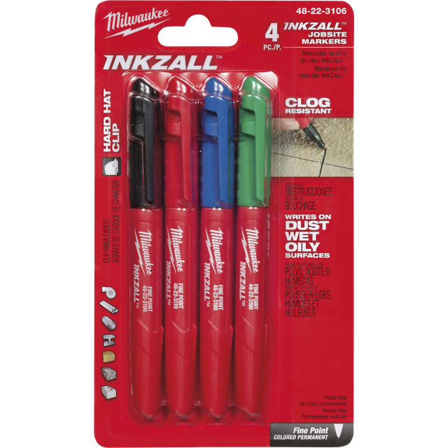 Milwaukee 48223106 Inkzall Fine Tip Colour Marker Set 4pk
