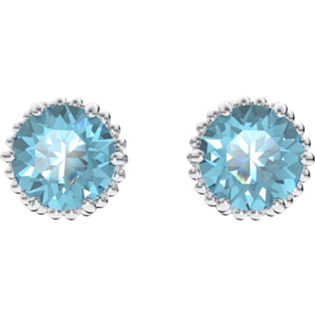 Birthstone stud earrings, Round cut, March, Blue, Rhodium plated - OS