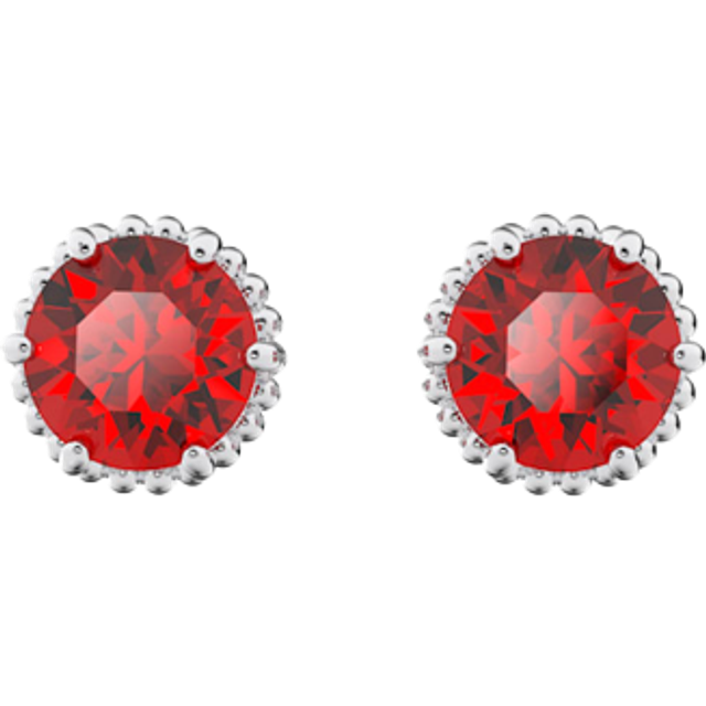 Birthstone stud earrings, Round cut, January, Red, Rhodium plated