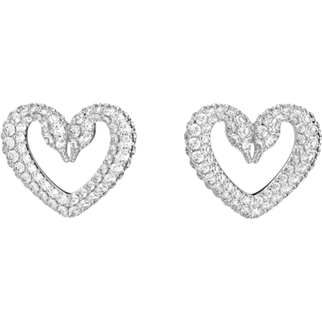 Swarovski Una Medium Heart Earrings - Rhodium Plating - Silver,Clear - Length: 1.8 cm, Width: 2 cm