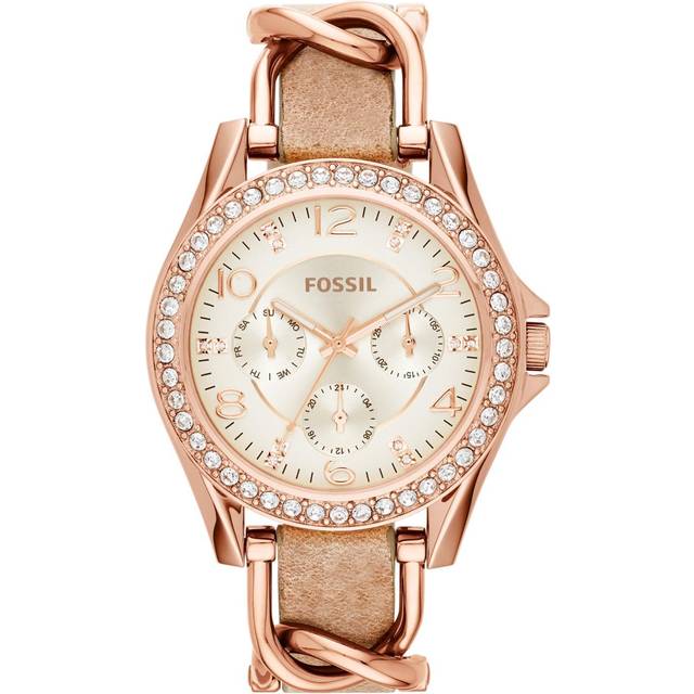 Fossil Women&#39;s Riley Quartz Stainless Steel and Leather Multifunction Watch  Color: Rose Gold  Sand (Model: ES3466)