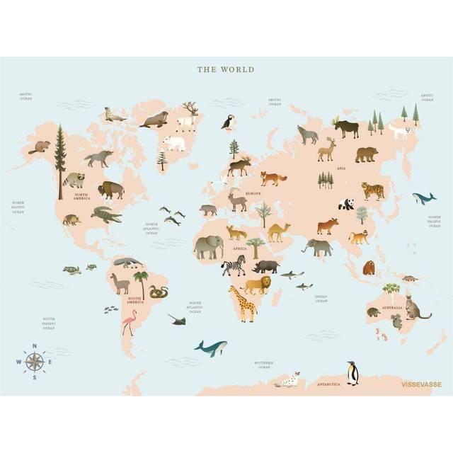 Vissevasse World Map Animals Plakat 40x30cm