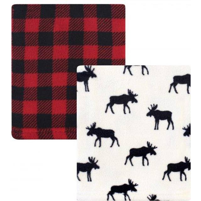 Hudson Baby Unisex Baby Silky Plush and coral Fleece Blanket  Buffalo Plaid Moose  30x36 inches