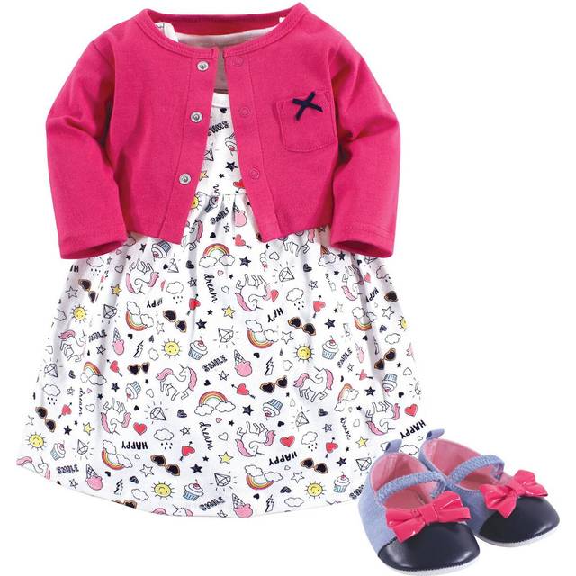 Little Treasure Baby Girls' Cotton Cardigan  Dress and Shoe  Happy Rainbow 3-piece Set  9-12 Months US