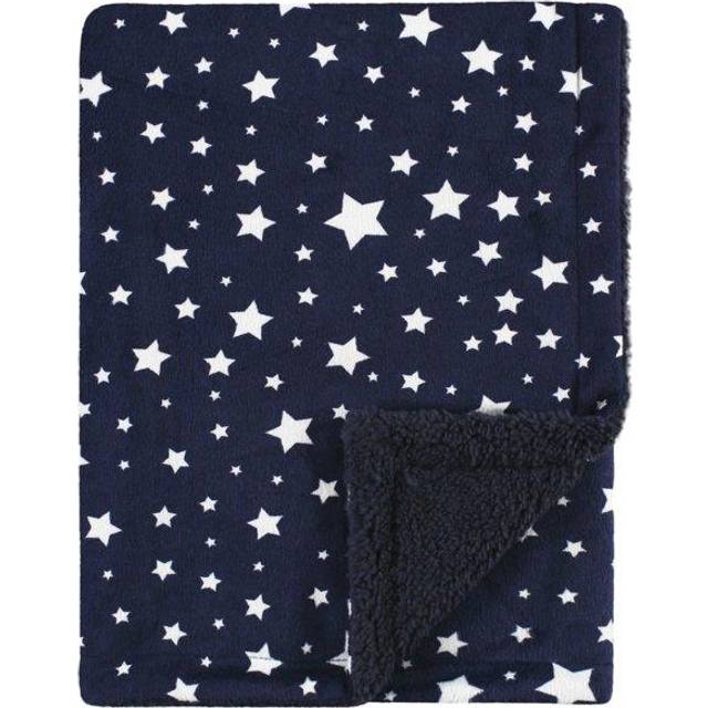 Hudson Baby Unisex Baby Plush Mink and Sherpa Blanket  Navy Star  One Size