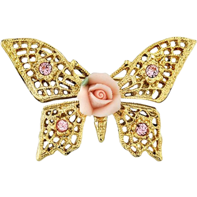 Gold-Tone Pink Crystal and Porcelain Rose Butterfly Brooch - Natural (One Size)