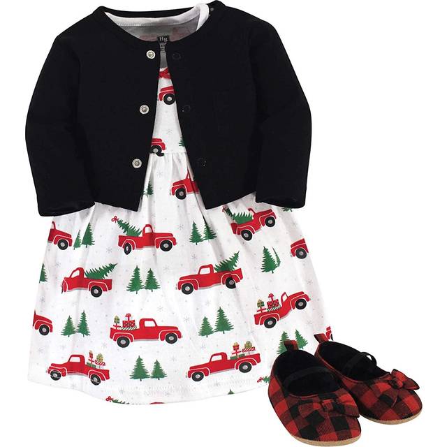 Hudson Baby Baby girl cotton Dress  cardigan and Shoe Set  christmas Tree  3-6 Months