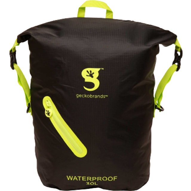 geckobrands Lightweight 30L Waterproof Backpack  Black/Neon Green - Watertight Backpack for Hiking and Light Water Activities