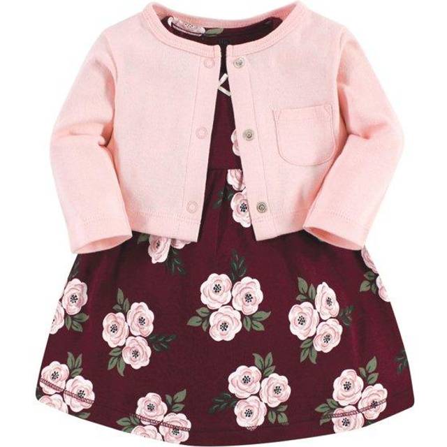Hudson Baby Baby Girls' Cotton Dress and Cardigan Set  Burgundy Floral  9-12 Months