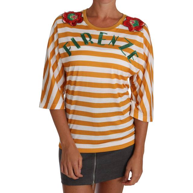 Dolce & Gabbana, Topp, Dam, S, Paljetter, Firze Blommig Paljetter T-shirt - orange (S)
