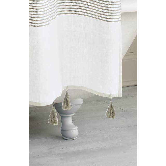 Peri Home Panama Stripe Boho Farmhouse Tassel Shower Curtain 100% Cotton Fabric Shower Curtain with Tassels for Bathroom Decor, 72 x 72 inches, Taupe