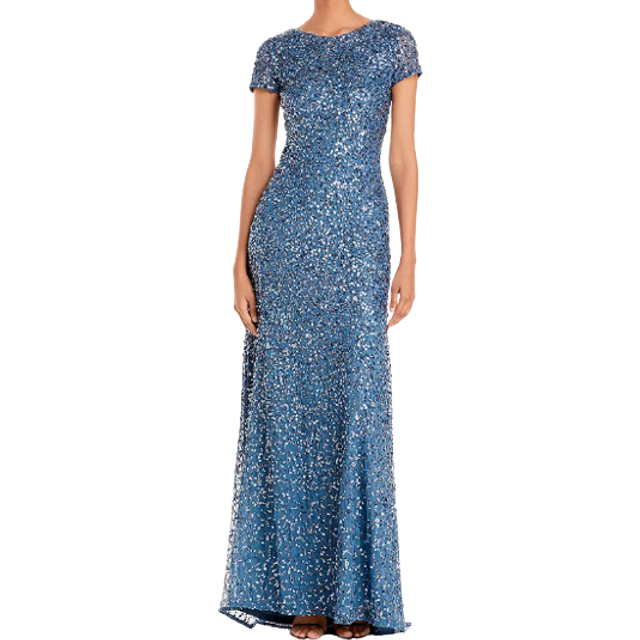 Adrianna Papell Women's Short-Sleeve All Over Sequin Gown, Nile, 14