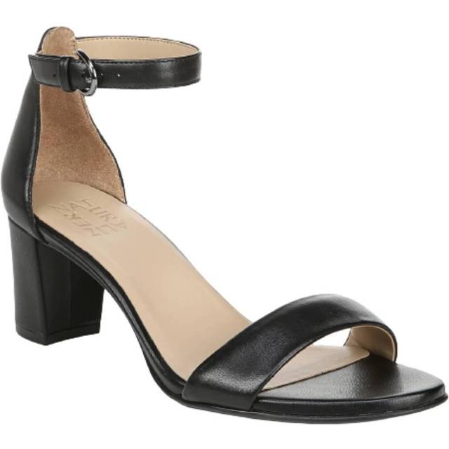 Naturalizer Vera Dress Sandals, Black Leather Fabric, 12.0W Almond Toe, Block Heels, Ankle Strap