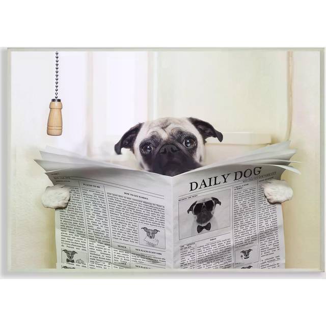 Stupell Industries Pug Reading Newspaper in Bathroom Oversized Stretched Canvas Wall Art  24 x 1.5 x 30  Proudly Made in USA