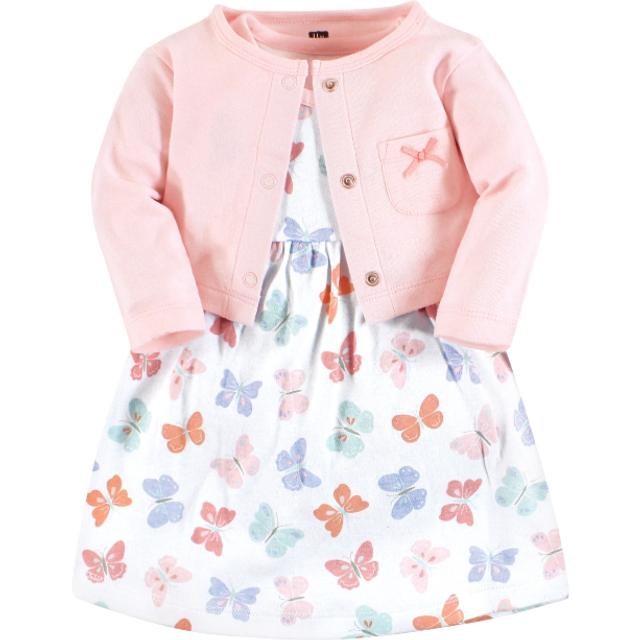Hudson Baby Baby Girls' Cotton Dress and Cardigan Set  Pastel Butterfly  3-6 Months