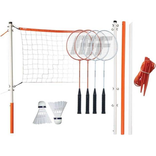 Franklin Sports Unisex vuxen startmotor innehåller 4 stålklubbor, 2 fåglar, justerbart nät och markpinnar – bakgård eller strand badminton-set – enkel nätinredning, en storlek