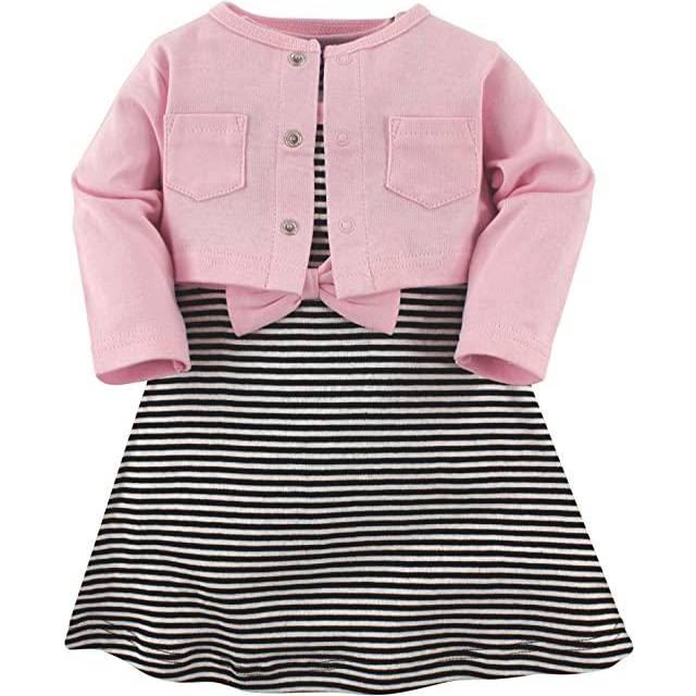 Hudson Baby Girls' Cotton Dress and Cardigan Set  Light Pink Black  3-6 Months