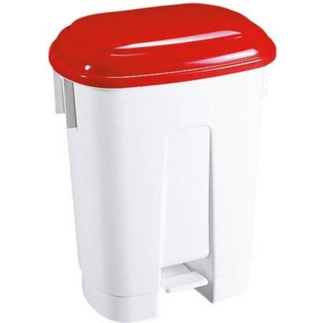 60L White Plastic Pedal Bin - Red Lid