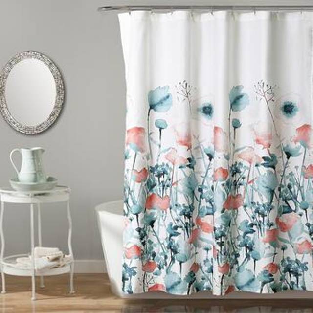 Lush Decor Zuri Flora Shower Curtain - Fabric Watercolor Floral Print Design, 72? x 72?, Blue and Coral
