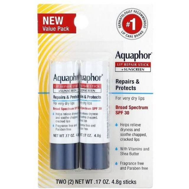 Aquaphor, Lip Repair Stick + Sunscreen, SPF 30, Fragrance Free, 2 Sticks, 0.17 oz (4.8 g) Each
