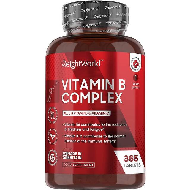 WeightWorld Vitamin B-komplex - 365 veganska tabletter med vitamin - B1 B2 B3 B5 B6 B9 B12 per tablett - 1 års förbrukning - Vitamin C, 150 µg biotin, 200 µg folsyra - Vältolererad & biotillgänglig