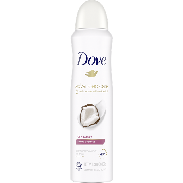Dove Advanced Care Dry Spray Antiperspirant Deodorant Caring Coconut With 48 Hour Protection, Soft And Comfortable Underarms For Women 3.8 oz
