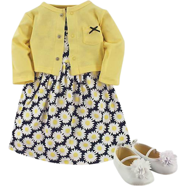 Hudson Baby Baby girl cotton Dress  cardigan and Shoe Set  Daisy  6-9 Months