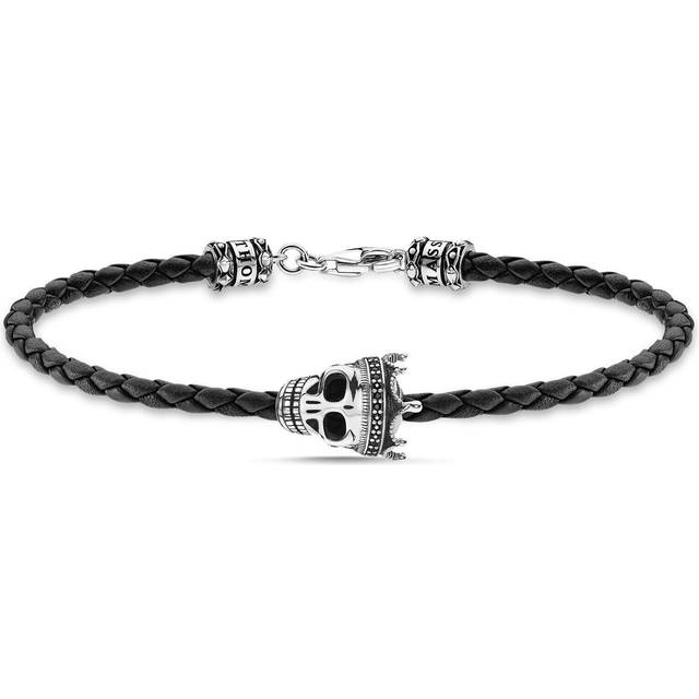 Silver Leather Zirconia Black Skull Bracelet A2014-805-11 / Size - 19cm