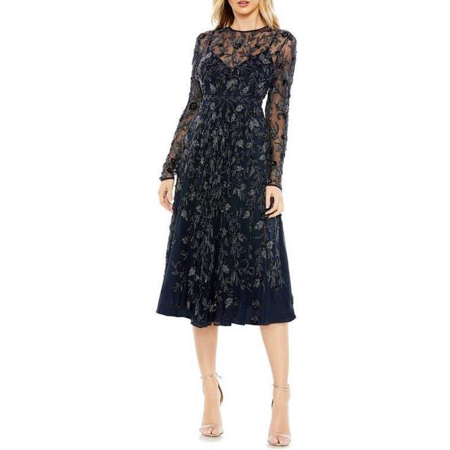 Mac Duggal Beaded Illusion High Neck A-Line Dress