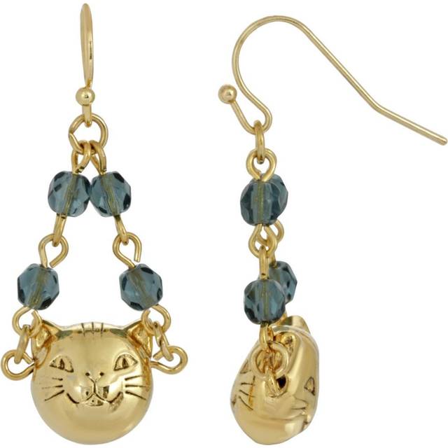 14k Gold Dipped Cat Face with Blue Beaded Chain Drop Wire Earrings - Natural (One Size)