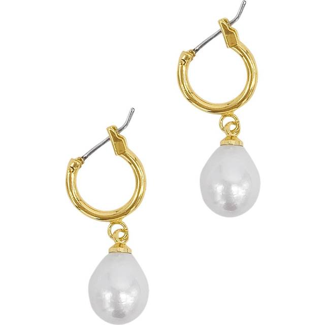 ADORNIA 14K Plated 10mm Pearl Huggie Drop Earrings