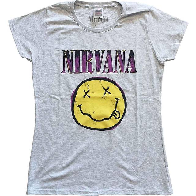 (L, Heather Grey) Nirvana Pink Grunge Smile Skinny Fit T Shirt