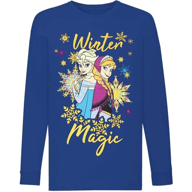 (7-8 Years, Blue) Frozen Girls Winter Magic Anna And Elsa Glitter Long-Sleeved T-Shirt