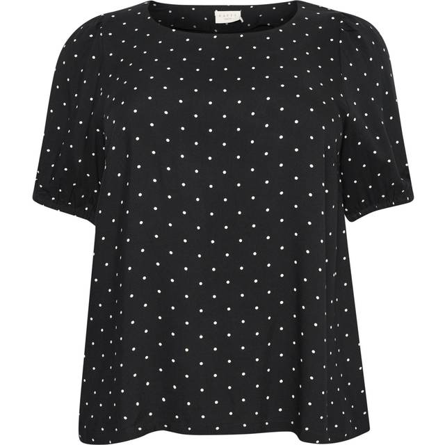 Kaffe Curve Plus-size damblus kortärmad vanlig längd rund hals, Svart djup W. vita prickar, 44/Stor