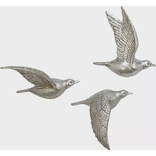 "Deco 79 Polystone Bird Home Wall Decor Metallic 3D Sculpted Wall Sculpture  Set of 3 Wall Art 10""""""""  9""""""""  9""""""""H  Silver"