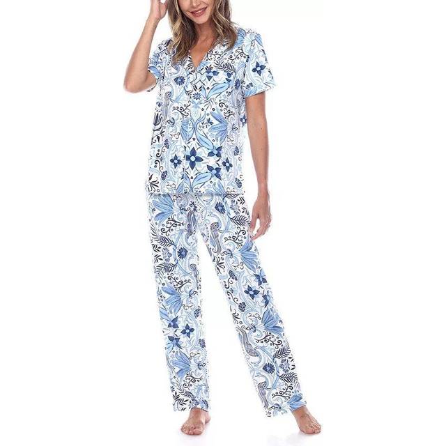 White Mark 3681-15-L Womens Short Sleeve & Pants Tropical Pajama Set, Blue - Large