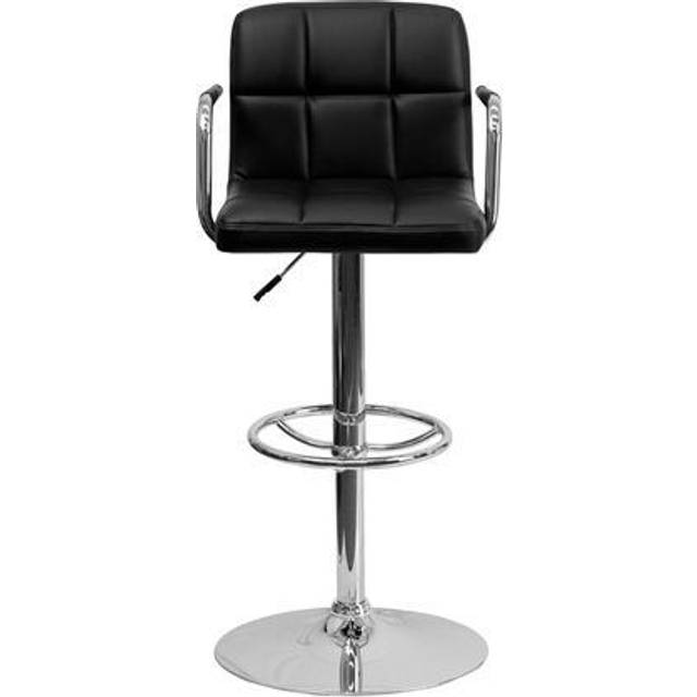 Contemporary Black Quilted Vinyl Adjustable Height Barstool with Arms and Chrome Base