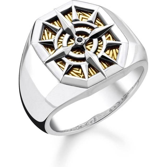Gold Plated Compass Ring - multicoloured - Live your dreams. The bold compass symbolism of this impressive signet ring from Thomas Sabo with its finely detailed design and precise silversmithing inspires you to embrace life. The centred inlay with 18k yellow gold plating is decorated with elaborate engraving patterns whose graphic influences are reminiscent of modern architecture.