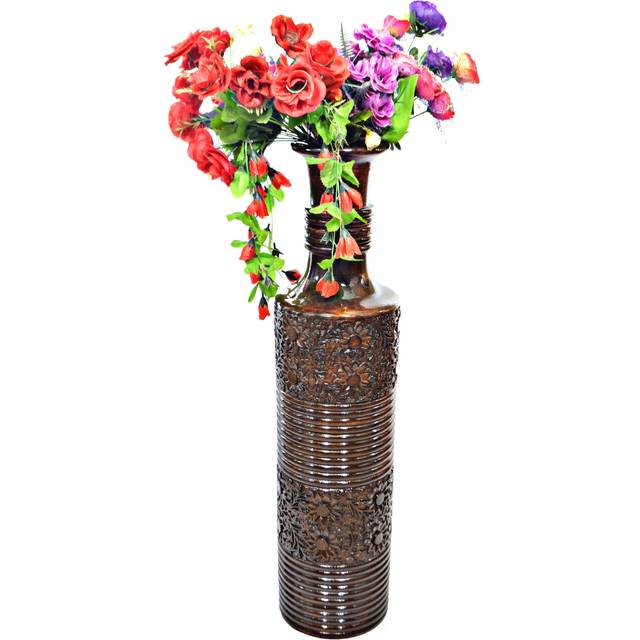 Uniquewise QI004009 9 x 36 in. Round Antique Decorative Wood Mango Floor Flower Vase with Unique Textured Pattern, Brown