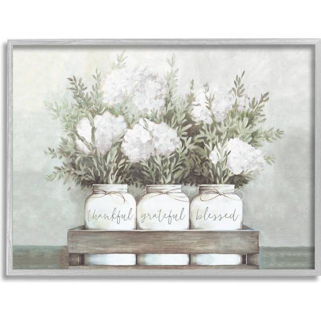 Stupell Industries Pristine Hydrangea Bouquets Thankful Grateful Blessed Sentiment Framed Giclee Art Design by Dogwood Portfolio  16 x 20  Gray Framed